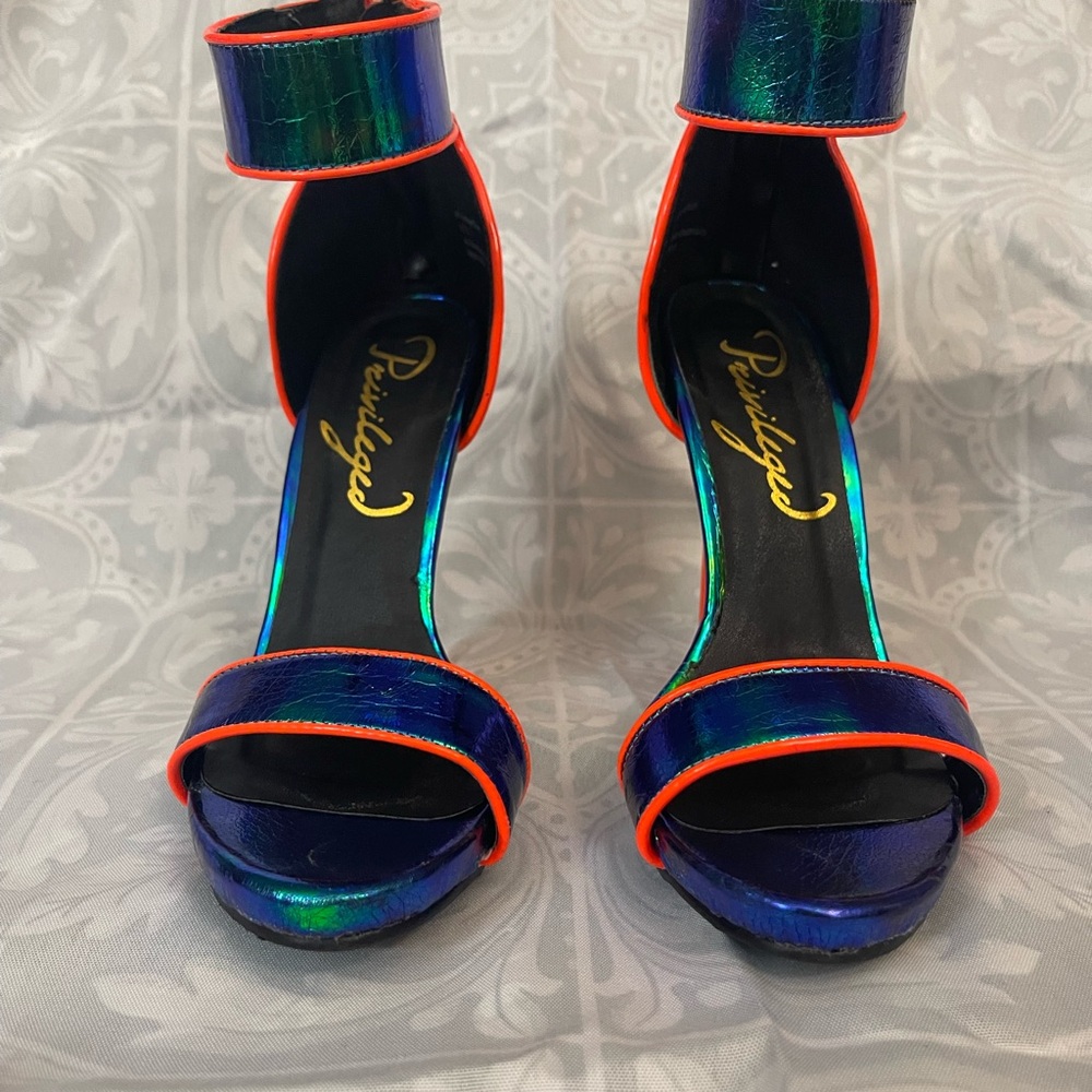 Privileged brand stiletto heels, Neon Orange and Iridescent blue green, Size 7